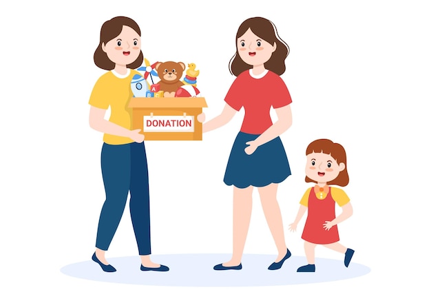 Kartonnen donatiedoos met speelgoed voor kinderen en liefdadigheid in de hand getekende cartoonillustratie