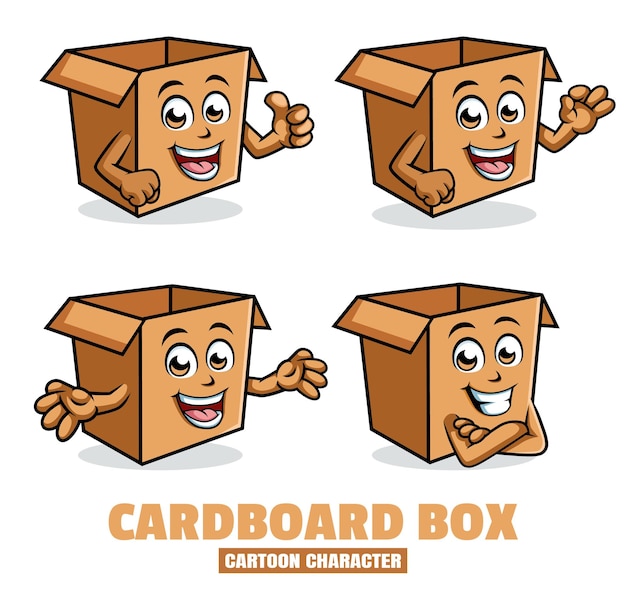 Kartonnen doos cartoon mascotte personages in verschillende poses vector illustratie set