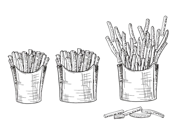 Kartonnen dozen met handgemaakte schets friet hand tekenen fastfood vectorillustratie