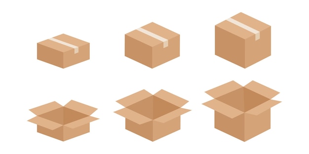 Kartonnen dozen vector set. Open en gesloten doos. Kartonnen leveringsverpakking.