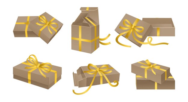 Kartonnen geschenkdoos met strikjes. Container met gouden lintbanddecoratie. Diverse dozen sjablooncollectie.