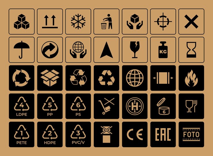 Vector kartonnen pakketpictogrammen aandachts- en voorzichtigheidssymbolen voor opslag en transport logistiek en recycle waarschuwingsemblemen collectie minimale zwarte borden vector dozen stickers set