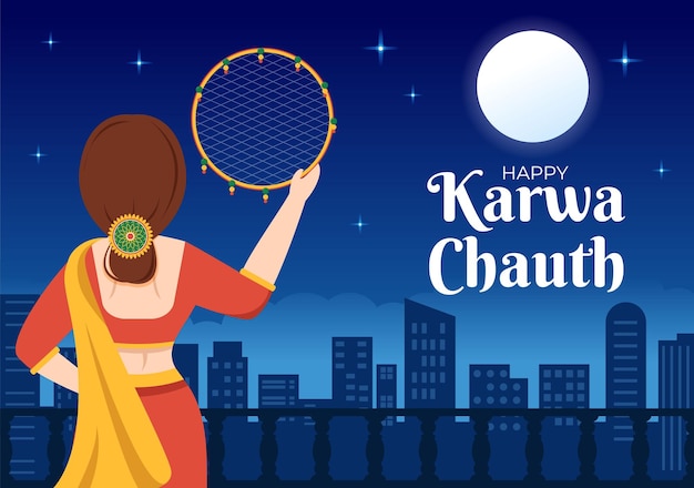 Karwa Chauth Festival Hand Drawn Flat Cartoon Illustration