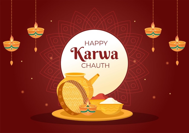 Karwa Chauth Festival Hand Drawn Flat Cartoon Illustration