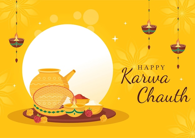 Karwa Chauth 축제 손으로 그린 평면 만화 일러스트 레이션