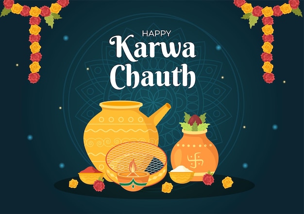 Karwa Chauth Festival Hand Drawn Flat Cartoon Illustration