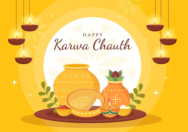 Karwa Chauth 축제 손으로 그린 평면 만화 일러스트 레이션