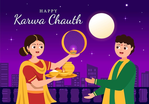 Karwa Chauth Festival Hand getekende platte Cartoon afbeelding