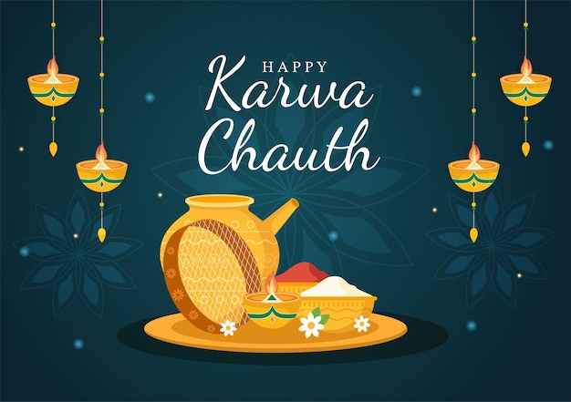 Karwa Chauth Festival Hand getekende platte Cartoon afbeelding