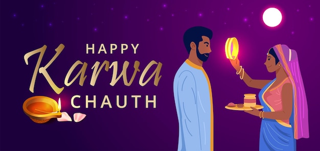 Karwa chauth festival hindoe vrouw in traditionele kleding bidden voor het welzijn en de levensduur van haar man