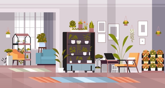 kas planten ingemaakte bloemen op planken huis tuin concept woonkamer interieur horizontale vectorillustratie