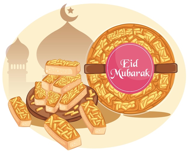 Vector kastangel is a pastry that is served at eid. kaasstengels cookies with mosque background.