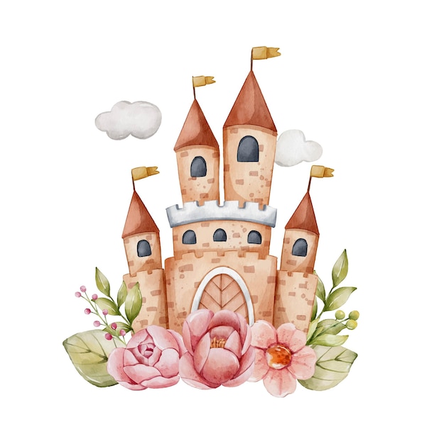 Kasteel en bloem aquarel clipart illustratie