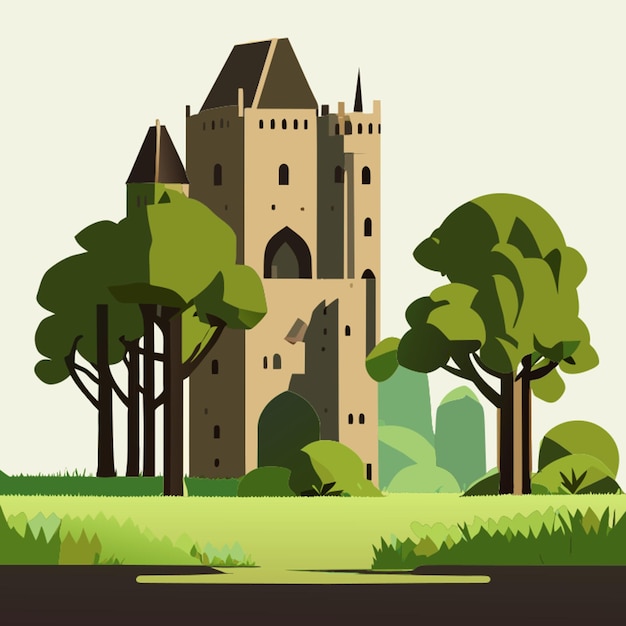 kasteel gebouw park weide boom activa weergave natuur vectorillustratie