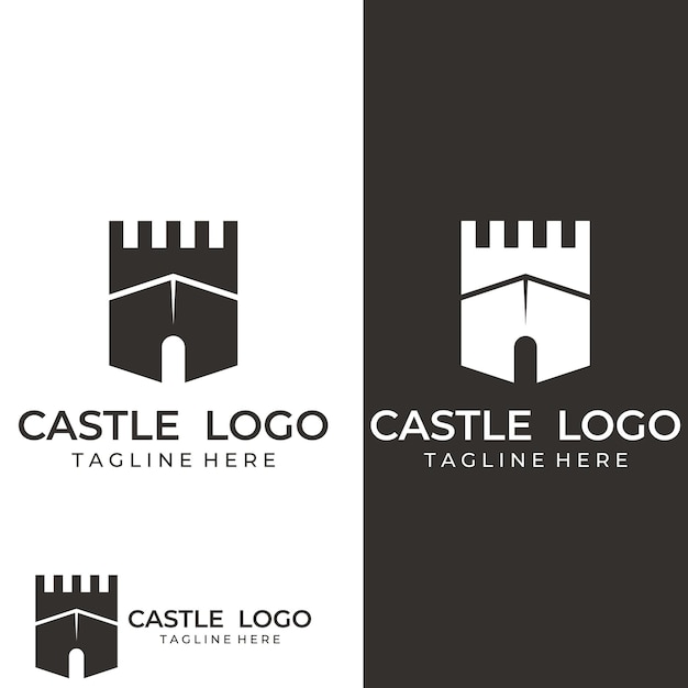 Vector kasteel logo silhouet kasteel logo met schild combinatie ontwerp vector illustratie sjabloon