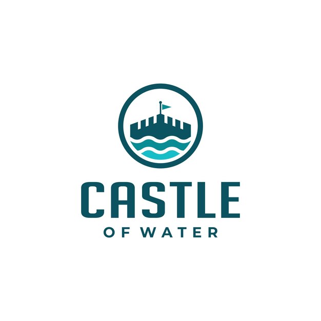 Kasteel met blauw oceaangolven waterlogo-ontwerp