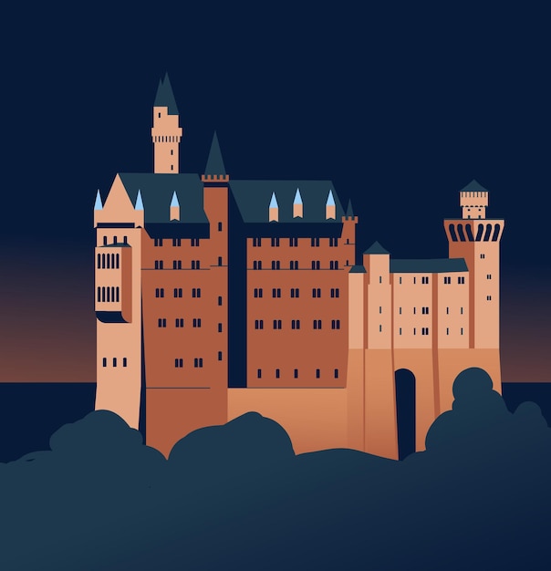 Vector kasteel neuschwanstein een kasteel met een blauwe achtergrond en het woord kasteel erop