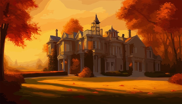 Kasteel op een mooie herfstdag concept kunst landschap vectorillustratie