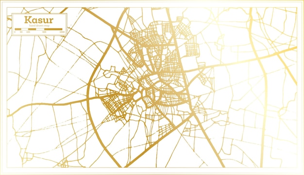 Vettore mappa della città di kasur pakistan in stile retrò in mappa di contorno a colori dorati