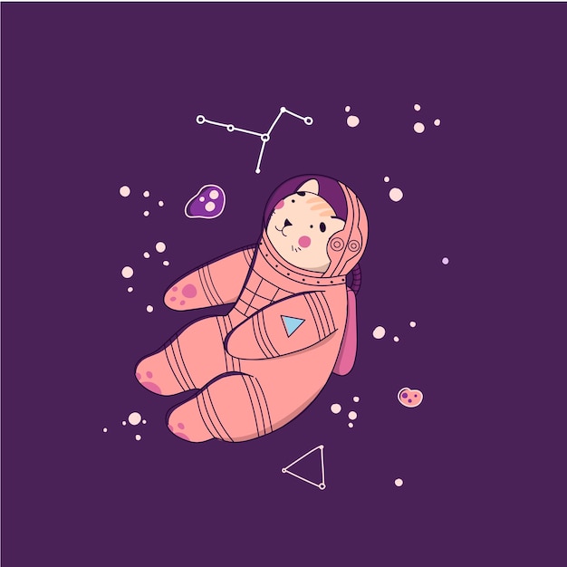 Kat astronaut in ruimte platte cartoon vector illustratie zwarte achtergrond
