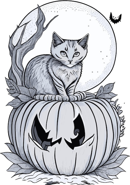 Kat binnen Halloween pompoen zwart-wit overzicht voor kinderen kleurboek