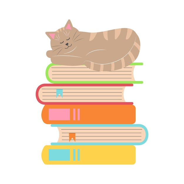 Kat die op een stapel boeken slaapt Boekbibliotheek onderwijs literatuur kennis illustratie