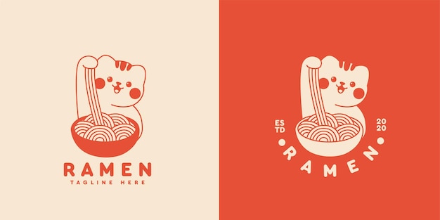 Kat eten ramen noodles logo vintage traditionele stijl