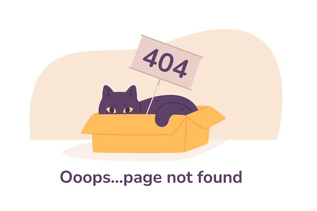 Kat fout pagina Asleep kitten in doos met 404 teken lege pagina's niet gevonden computer internet problemen verloren mislukken website cartoon mollige poes op witte ruimte vector illustratie van pagina internet probleem