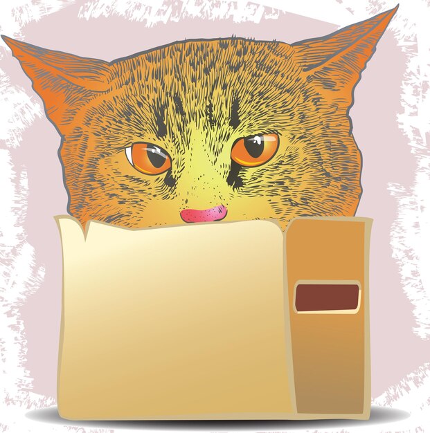 kat in een kartonnen doos in een cartoon-grafische stijl