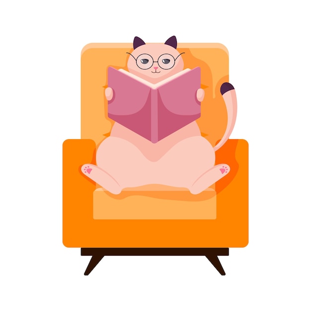 Kat karakter in glazen studie plat Kat zit op een fauteuil en leest een boek Vector illustratie