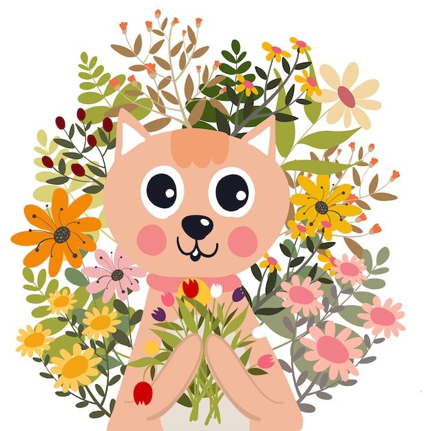 Kat met bloem doodle illustratie vector cartoon.