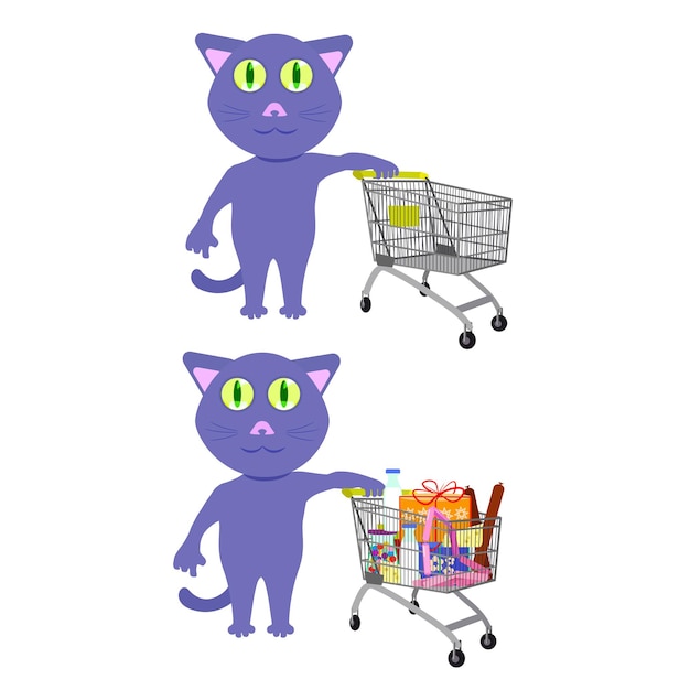 Kat met een leeg en vol winkelwagentje geïsoleerd op wit de kat is aan het winkelen