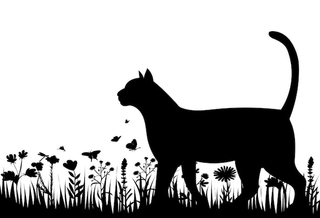 Kat op het gras zwarte silhouet geïsoleerde vector