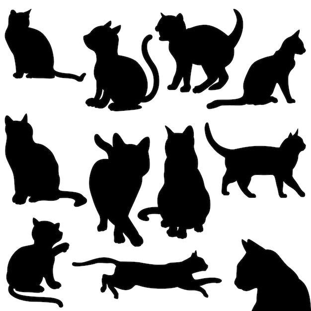 Kat silhouet hand getekende dieren silhouet set illustratie set