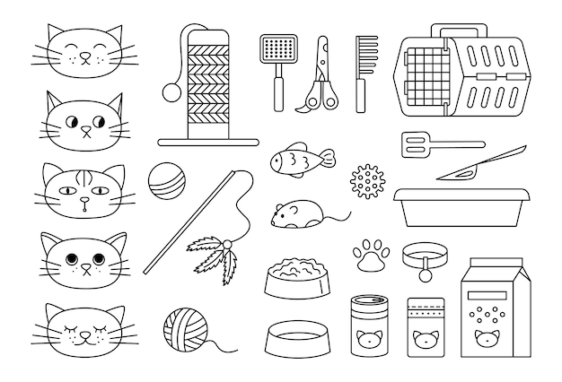 Kat spullen vector lineaire collectie Huisdier goederen overzicht iconen set en katten cartoon emotionele gezichten Voedsel speelgoed en zorg apparatuur