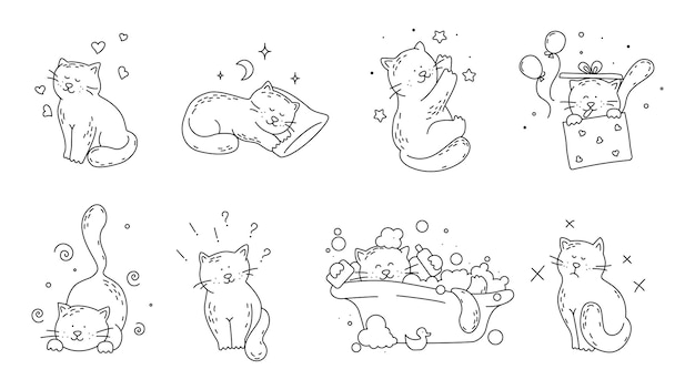 Kat verliefd, speels, slapend, badend, nieuwsgierig, boos doodle vector set op witte achtergrond