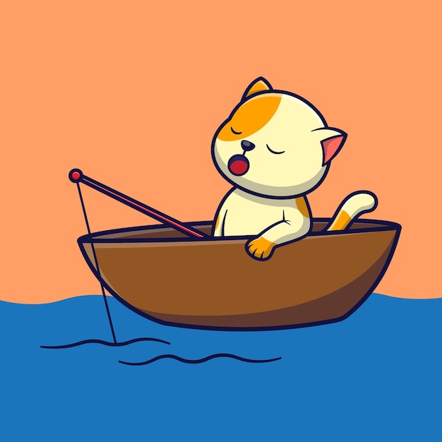 Kat vissen op de boot cute cartoon dierlijke vectorillustratie