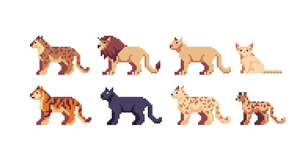 Katachtige soorten pixel art set. tijger, leeuw en luipaard collectie. grote katten.