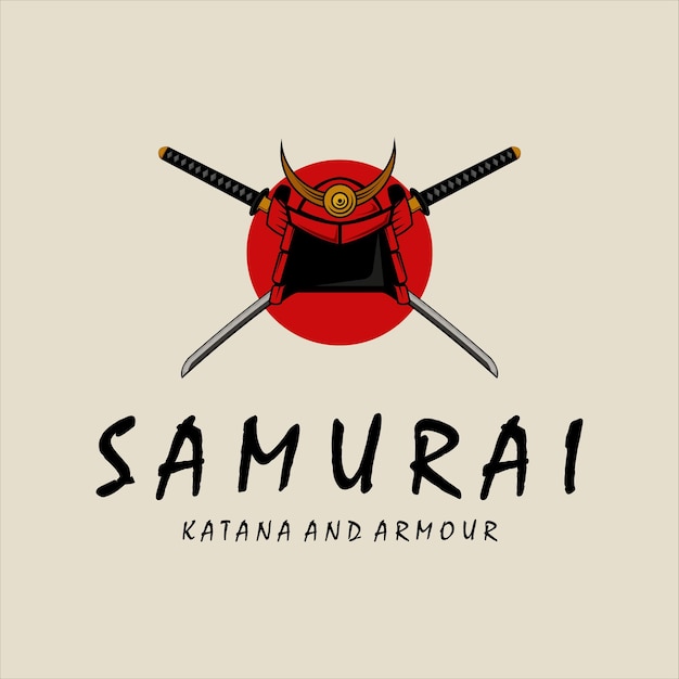 Katana en helm samurai logo vector vintage illustratie sjabloonontwerp japans pantser en zwaard katana voor samoerai logo concept vector embleem sjabloon illustratie ontwerp