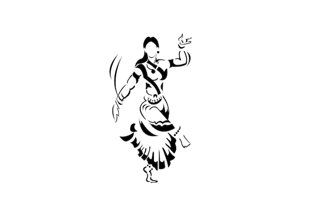 Vettore disegno di danza kathak un'immagine in bianco e nero di una ballerina con una gonna e una gonna