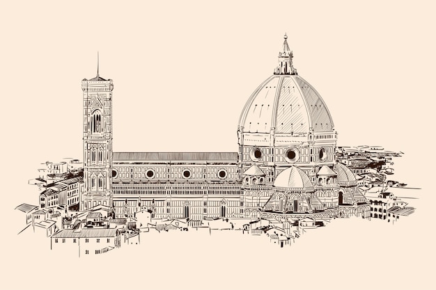 Vector kathedraal van st. mary in florence. algemeen beeld van de stad. schets op beige kleur
