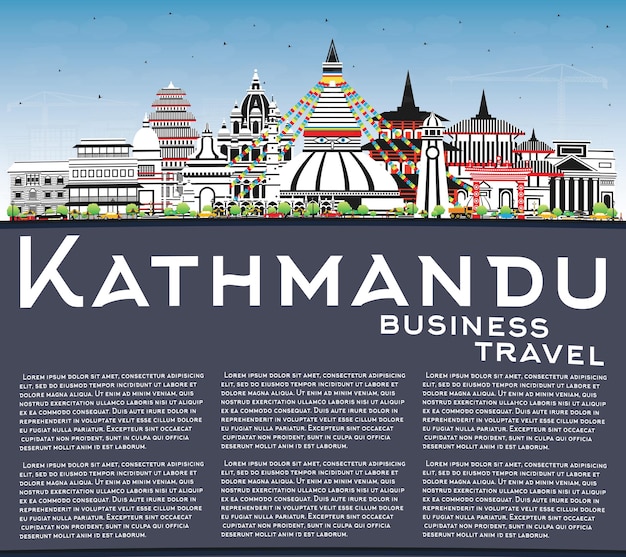 Vector kathmandu nepal city skyline with color buildings blue sky and copy space