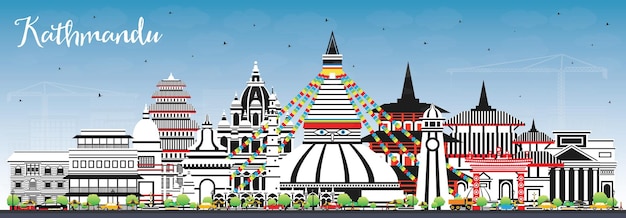 Vector kathmandu nepal city skyline with color buildings blue sky and copy space