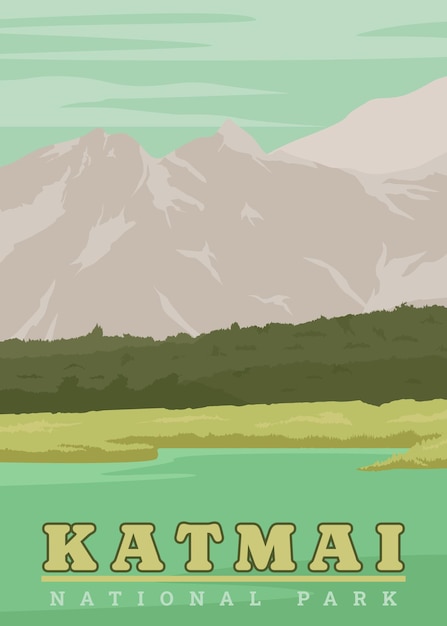 Vettore poster del parco nazionale di katmai vintage vector illustration design parco nazionale nel sud-ovest dell'alaska