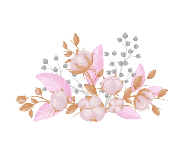 Katoenvruchten op takken met bladeren en bloemknoppen Vectorillustratie op witte achtergrond