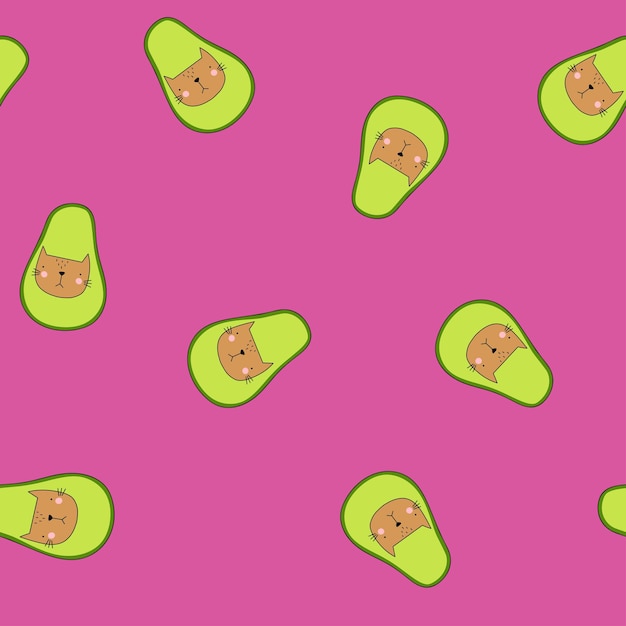 Katten in avocado vector naadloos patroon grappig kinderpatroon op roze achtergrond grappige katjes