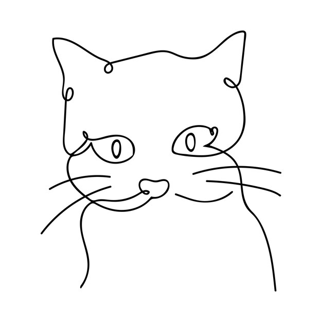 Vector kattengezicht in continue lijnkunst tekenstijl minimalistische zwarte lineaire schets geïsoleerd op witte rug