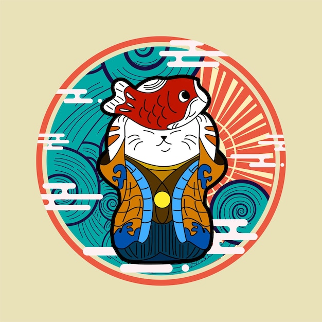 kattenillustratie met Japanse stijl voor kaijune-evenement, notebook, logo