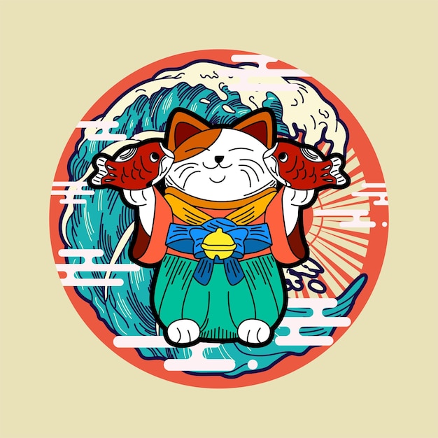 kattenillustratie met Japanse stijl voor kaijune-evenement, notebook, logo
