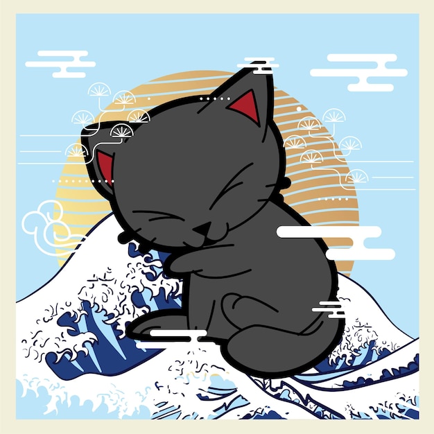 kattenillustratie met Japanse stijlachtergrond, etiketten, logo